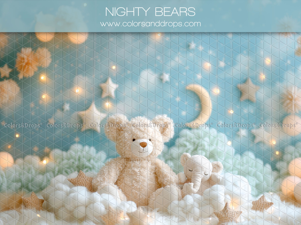 Baby & cake smash photo backdrop Nighty Bears – teddy bears on clouds with moon and stars | Colors&Drops