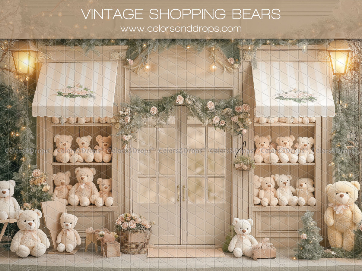 Fondo fotográfico de Navidad Vintage Shopping Bears – tienda vintage con toldos y ositos en el escaparate | Colors&Drops