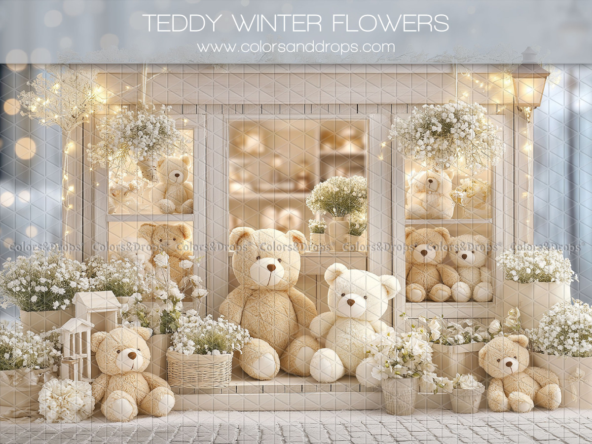 Baby & cake smash photo backdrop Teddy Winter Flowers – teddy bear shop with white winter flowers | Colors&Drops
