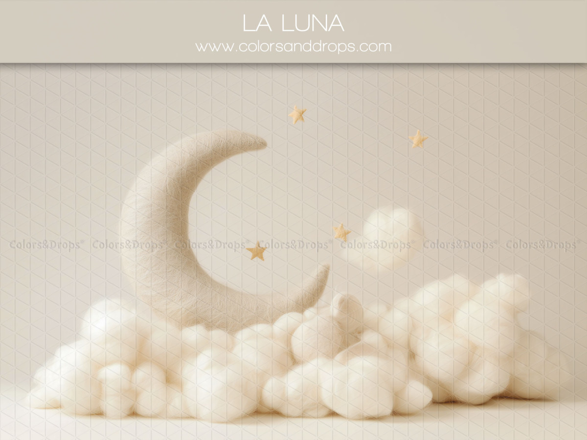 Fond photo bébé et smash cake Laluna – lune en laine sur nuages blancs | Colors&Drops