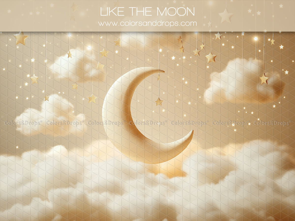 Fondo fotográfico de bebé y smash cake Like to the Moon – luna dorada sobre nubes con estrellas colgantes | Colors&Drops