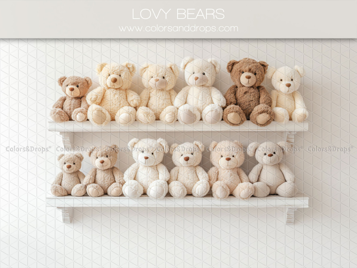 Baby & cake smash photo backdrop Lovy Bears – white shelves with teddy bears | Colors&Drops
