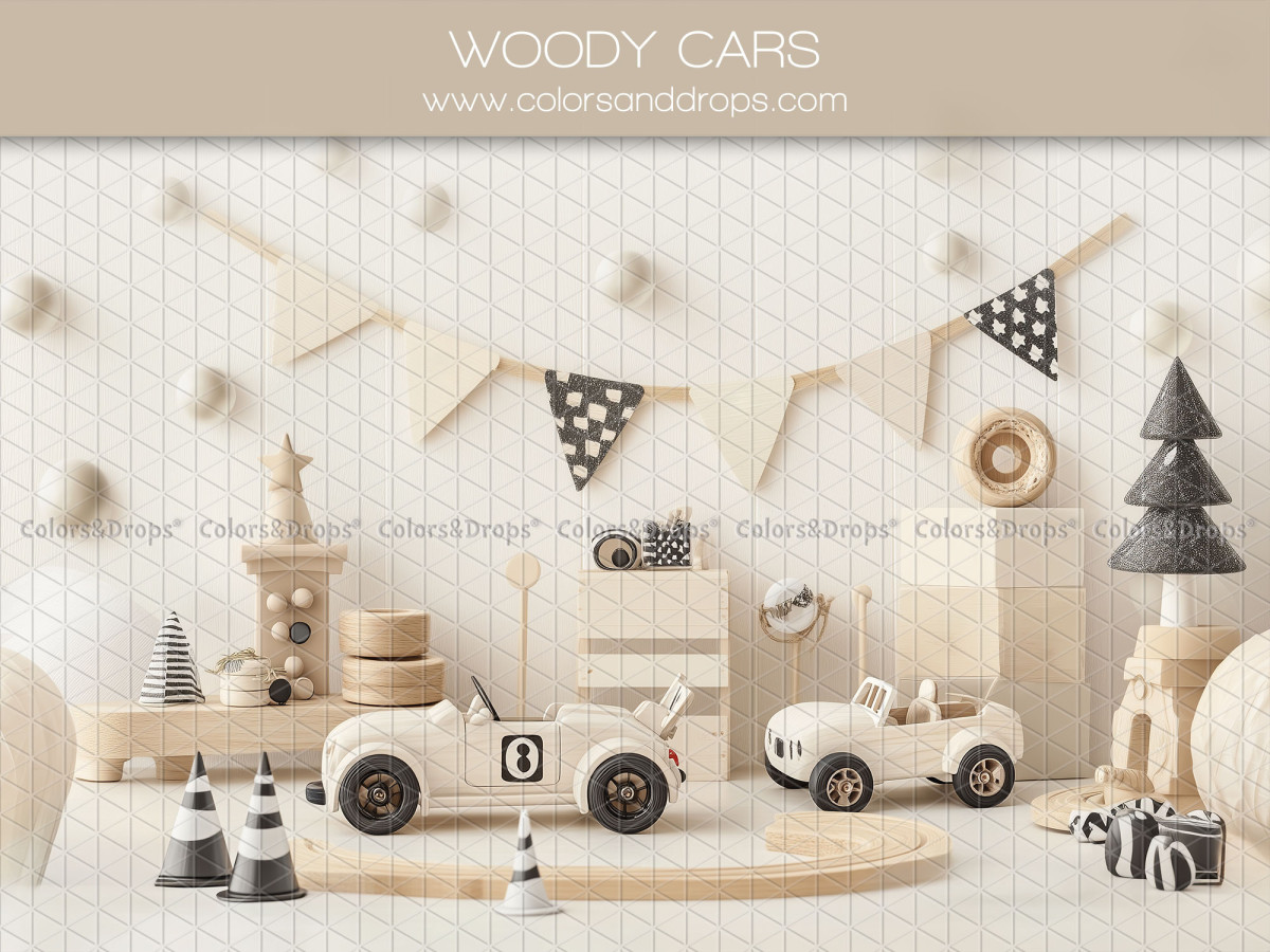 Fond photo bébé et smash cake Woody Cars – petites voitures en bois avec fanions et sapins | Colors&Drops