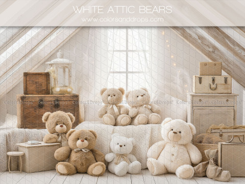 Fondo fotográfico de bebé y smash cake White Attic Bears – desván blanco con ositos y baúles | Colors&Drops