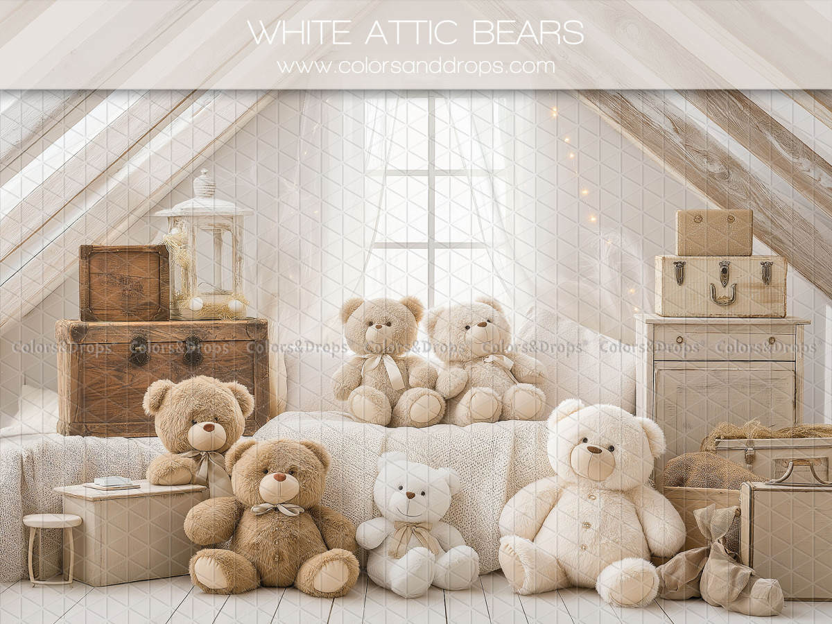 Fondo fotográfico de bebé y smash cake White Attic Bears – desván blanco con ositos y baúles | Colors&Drops