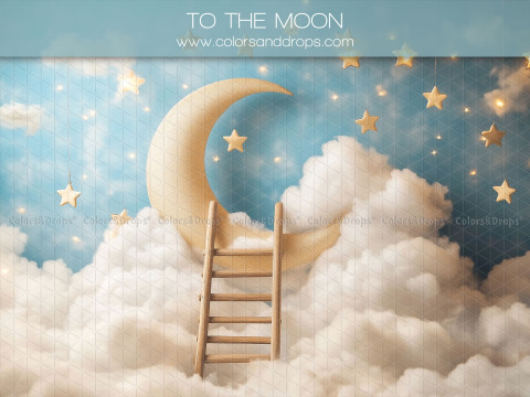 Fondo fotográfico de bebé y smash cake To the Moon – luna y escalera sobre nubes en un cielo azul estrellado | Colors&Drops