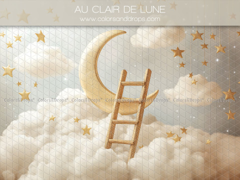 Fondo fotográfico de bebé y smash cake Au Clair de Lune – luna dorada y escalera sobre las nubes | Colors&Drops