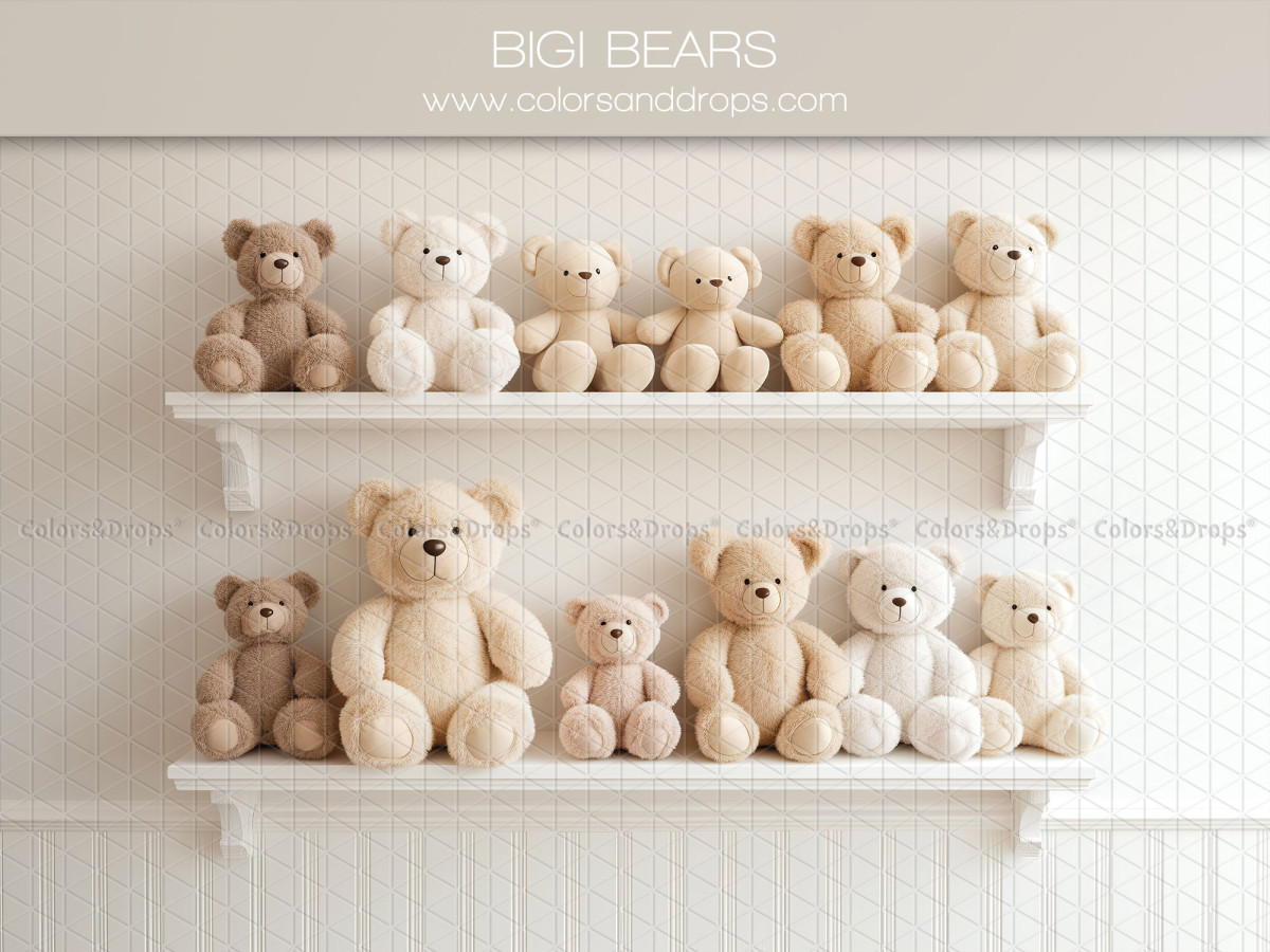 Baby & cake smash photo backdrop Bigi Bears – white shelves with teddy bears | Colors&Drops