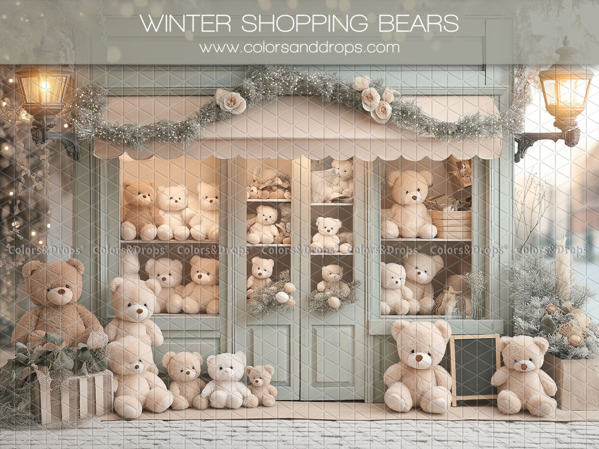 Fond photo de Noël Winter Shopping Bears – boutique d'hiver avec vitrine d'oursons et guirlande | Colors&Drops