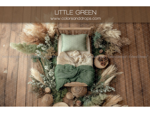 Fondo fotográfico de recién nacido Little Green – camita verde sobre parquet con pampas | Colors&Drops