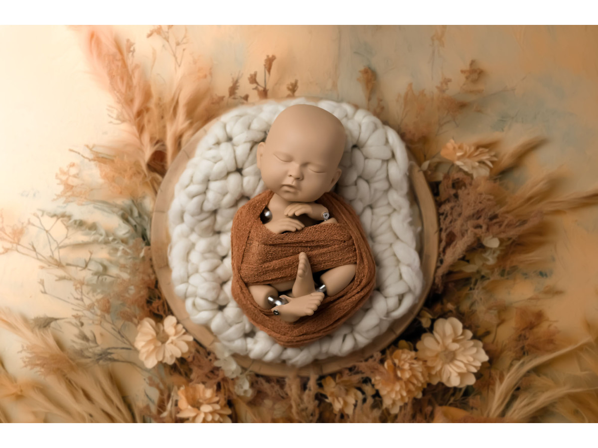 Newborn photo backdrop Dry Amber – wool nest surrounded by pampas and dried flowers | Colors&Drops