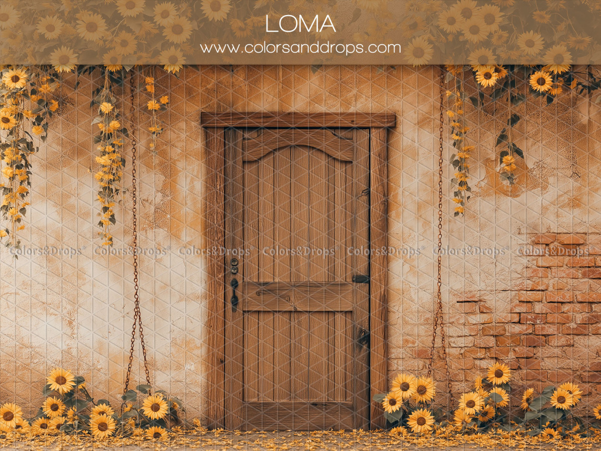Baby & cake smash photo backdrop Loma – wooden door on ochre wall with sunflowers | Colors&Drops