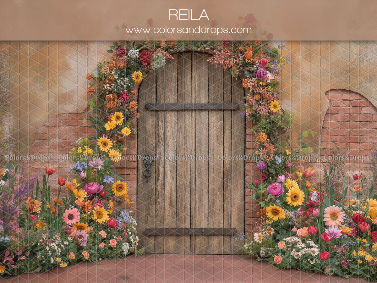 Fondo fotográfico de bebé y smash cake Reila – puerta de madera con arco de flores coloridas | Colors&Drops