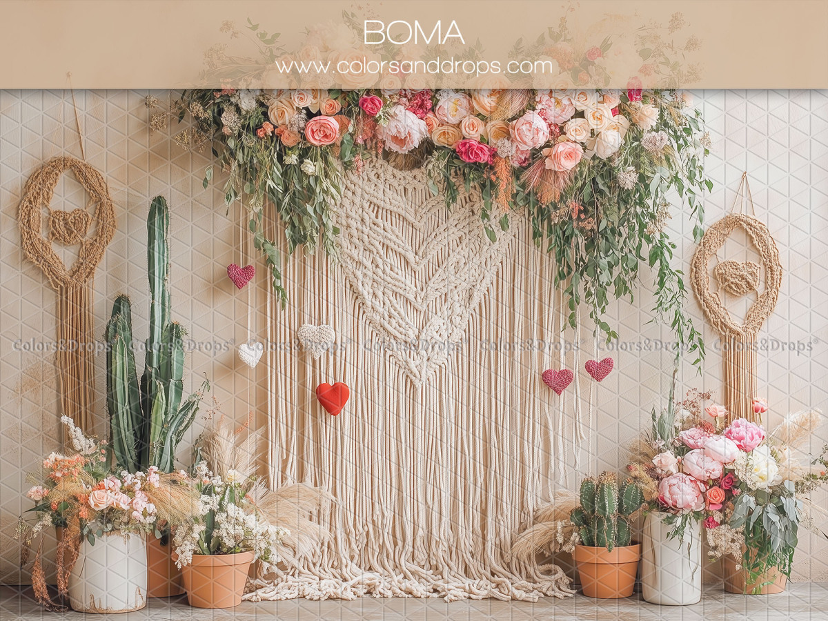 Boho photo backdrop Boma – macramé with cacti, flowers and hearts | Colors&Drops