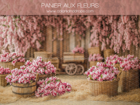 Fondo fotográfico Panier aux Fleurs – cestas de flores rosas con carreta | Colors&Drops