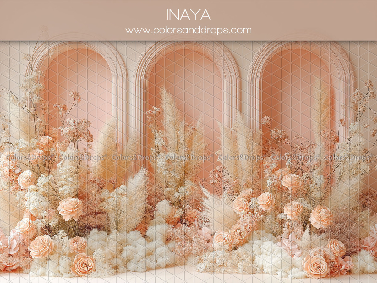 Fond photo bohème Inaya – arches pêche avec fleurs et pampa | Colors&Drops