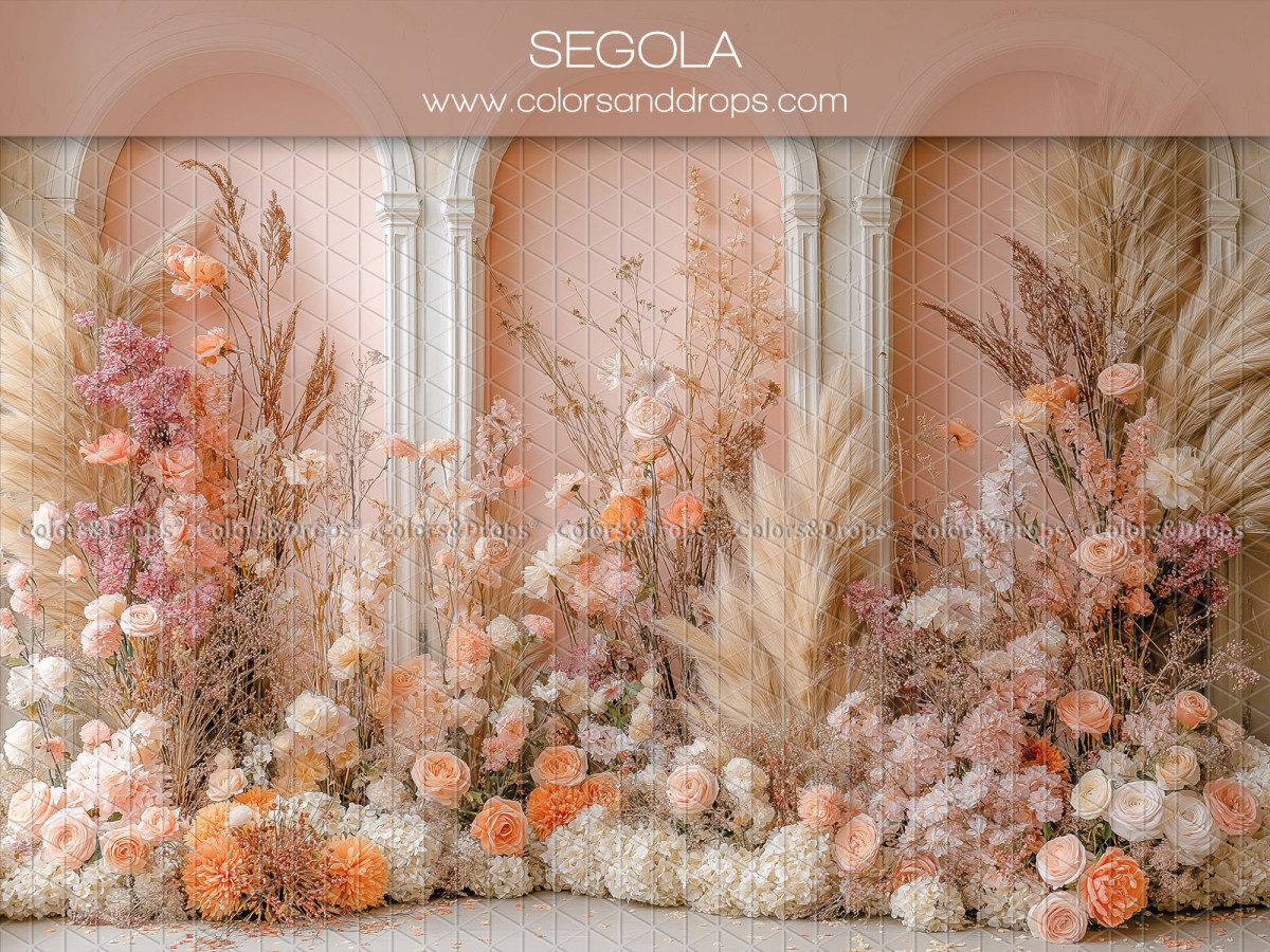 Fondo fotográfico boho Segola – arcos rosas con macizos de flores y pampas | Colors&Drops