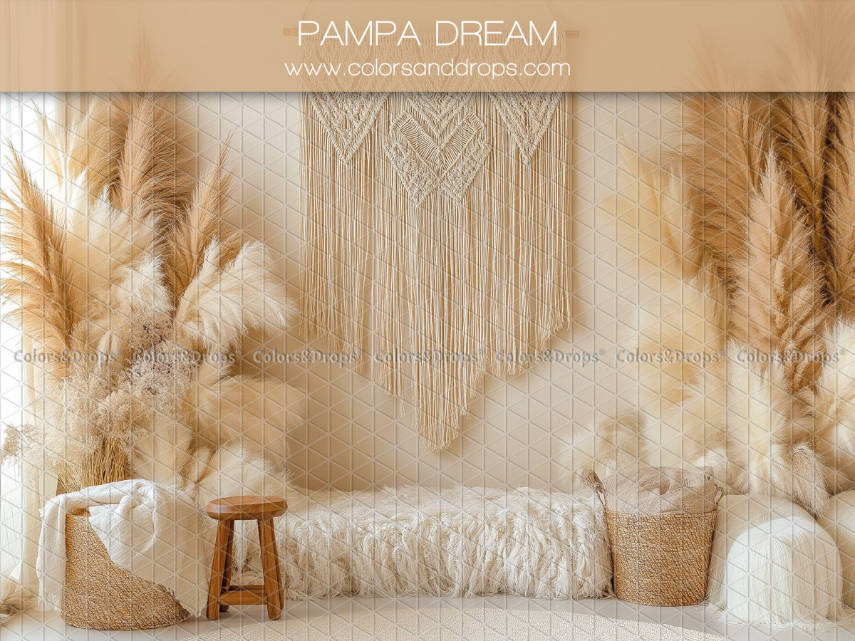 Fondo fotográfico boho Pampa Dream – macramé con pampas, banco de piel y taburete | Colors&Drops