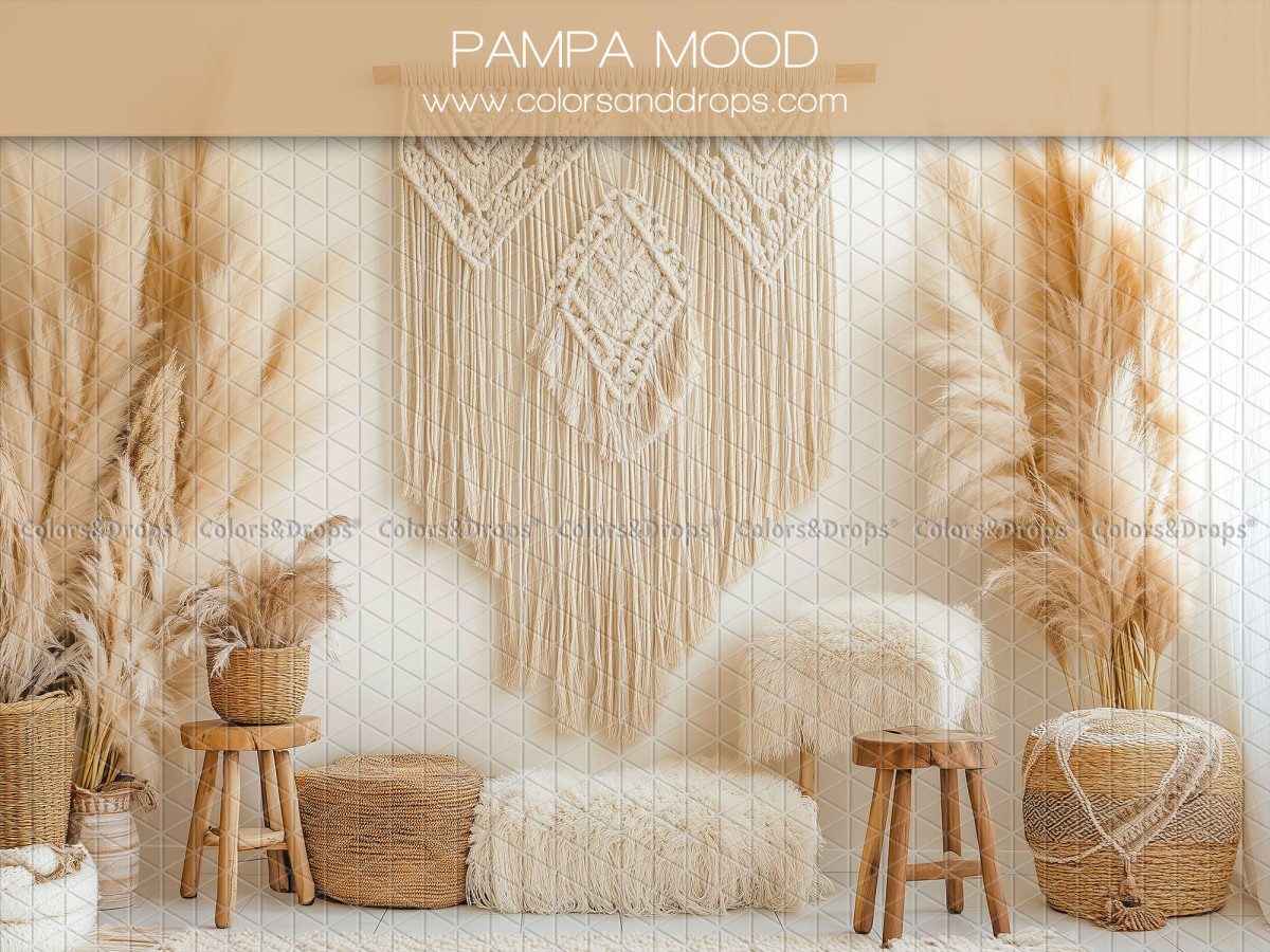 Boho photo backdrop Pampa Mood – macramé with pampas, poufs and wooden stools | Colors&Drops