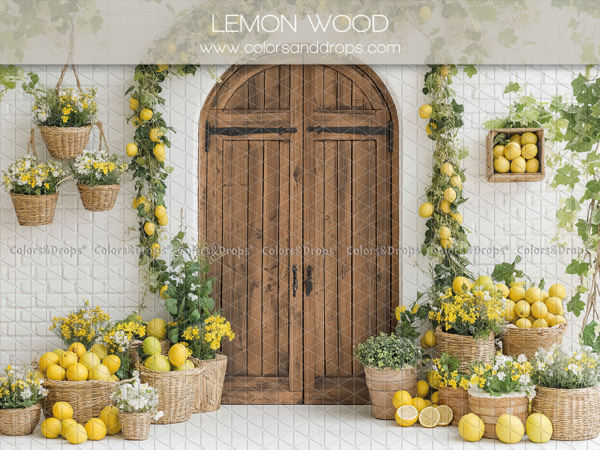 Floral photo backdrop Lemon Wood – wooden door with lemons and hanging baskets | Colors&Drops