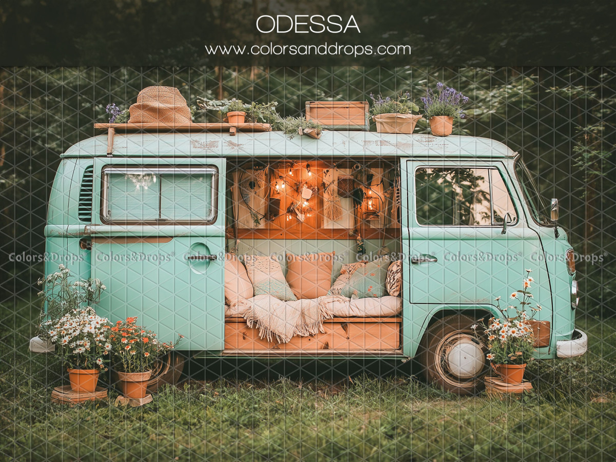Fondo fotográfico de bebé y smash cake Odessa – furgoneta vintage turquesa acondicionada en un jardín | Colors&Drops