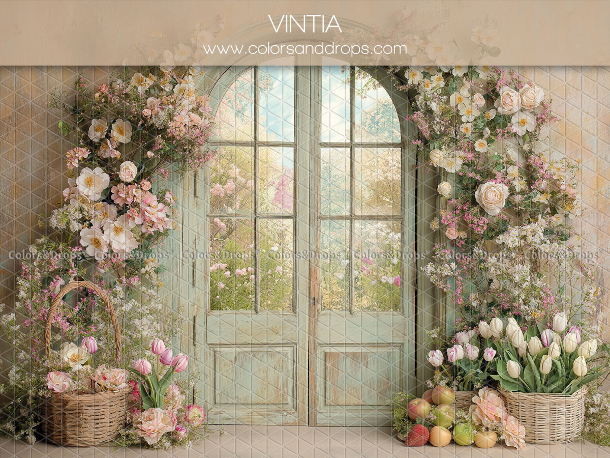 Fondo fotográfico floral Vintia – puerta acristalada verde agua con flores pastel | Colors&Drops