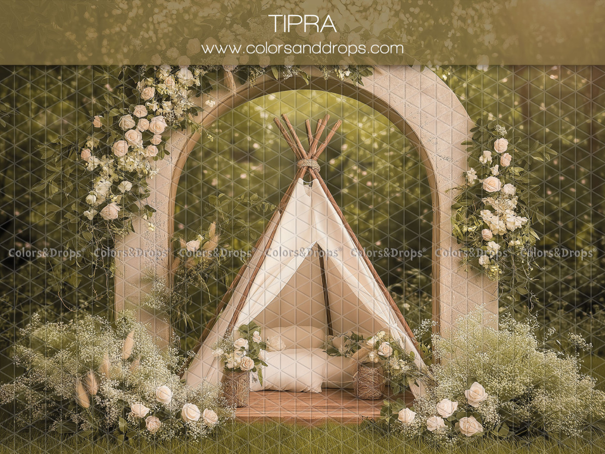 Fondo fotográfico floral Tipra – tipi blanco bajo un arco florido | Colors&Drops