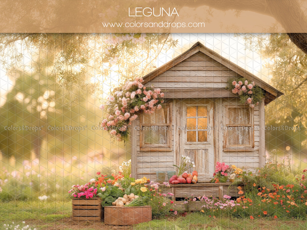 Floral photo backdrop Leguna – flowered wooden cabin at sunset | Colors&Drops