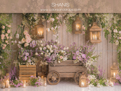 Floral photo backdrop Shanis – flowered wooden wall with cart and lanterns | Colors&Drops