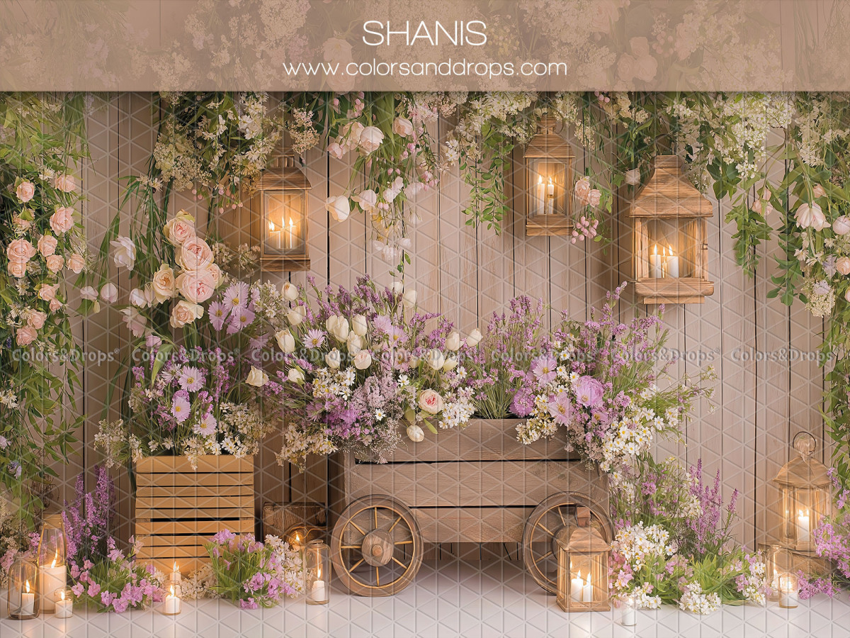Floral photo backdrop Shanis – flowered wooden wall with cart and lanterns | Colors&Drops