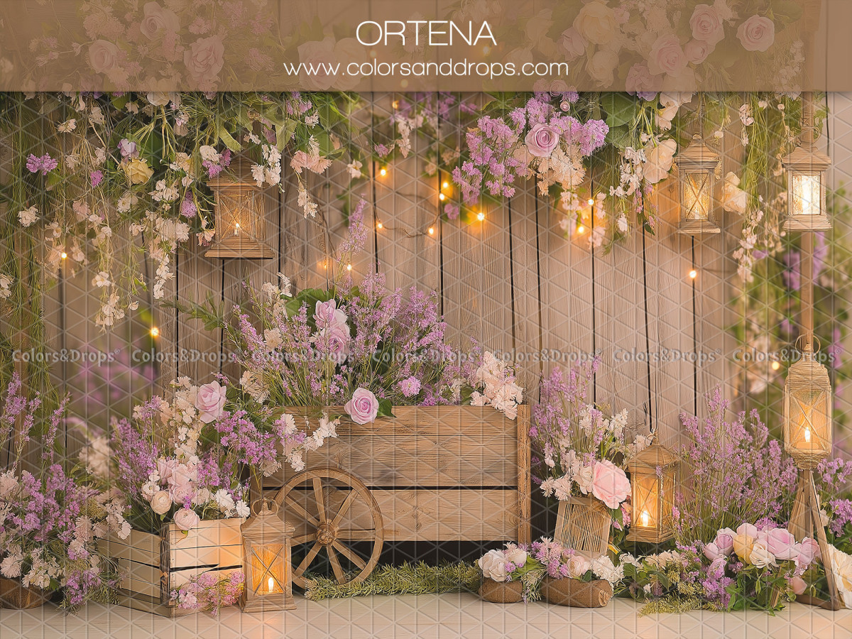 Floral photo backdrop Ortena – wooden cart with purple flowers and lanterns | Colors&Drops