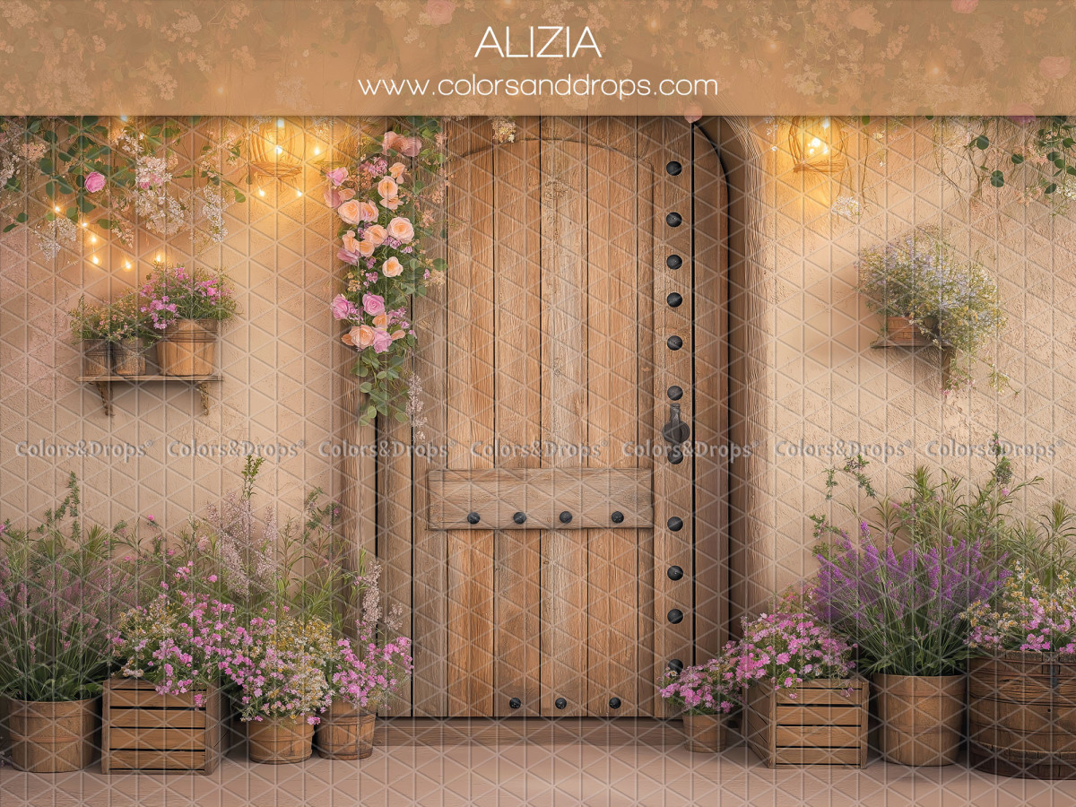 Floral photo backdrop Alizia – wooden door with lavender and flower crates | Colors&Drops