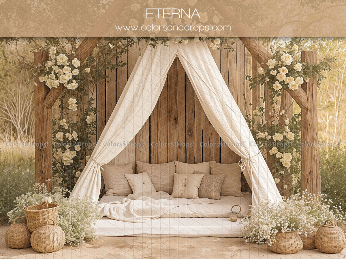 Fondo fotográfico boho Eterna – cama con dosel de madera con visillos y flores blancas | Colors&Drops