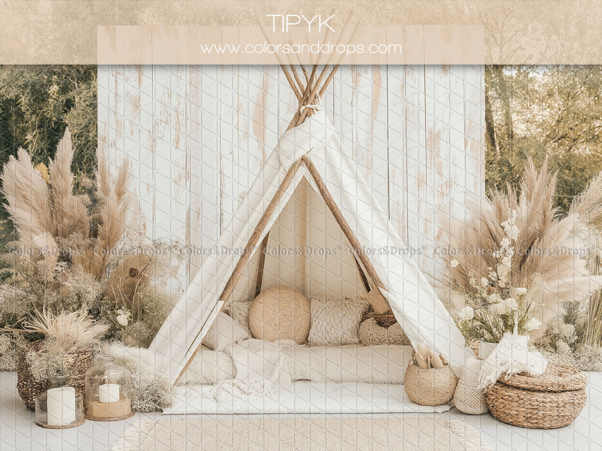 Boho photo backdrop Tipik – white teepee with pampas on white wooden wall | Colors&Drops