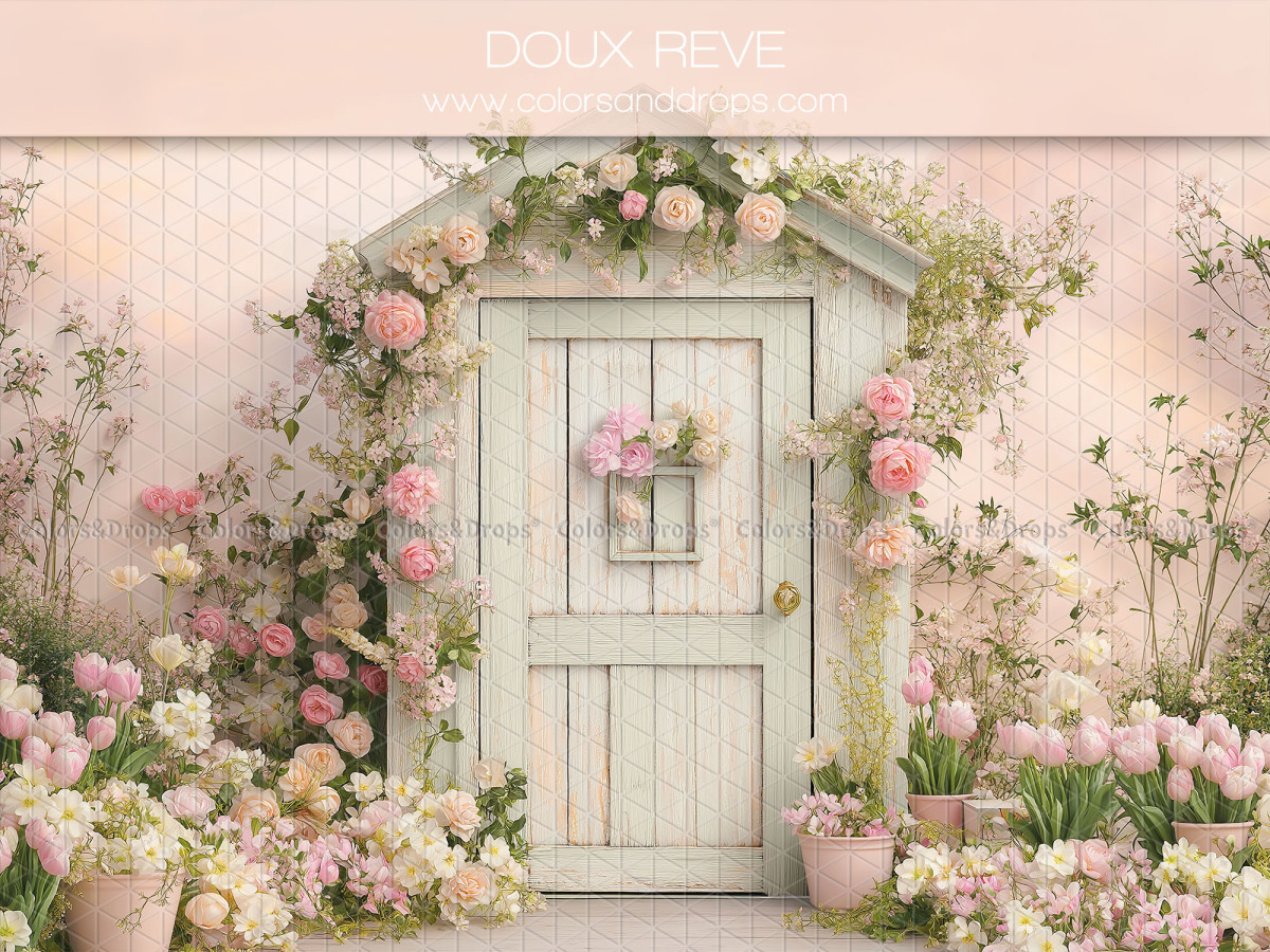Fondo fotográfico floral Doux Reve – caseta de jardín verde agua con rosas | Colors&Drops