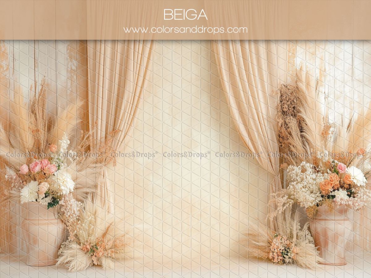 Fondo fotográfico de embarazo y retrato Beiga – cortinas crema con jarrones de pampas y flores | Colors&Drops