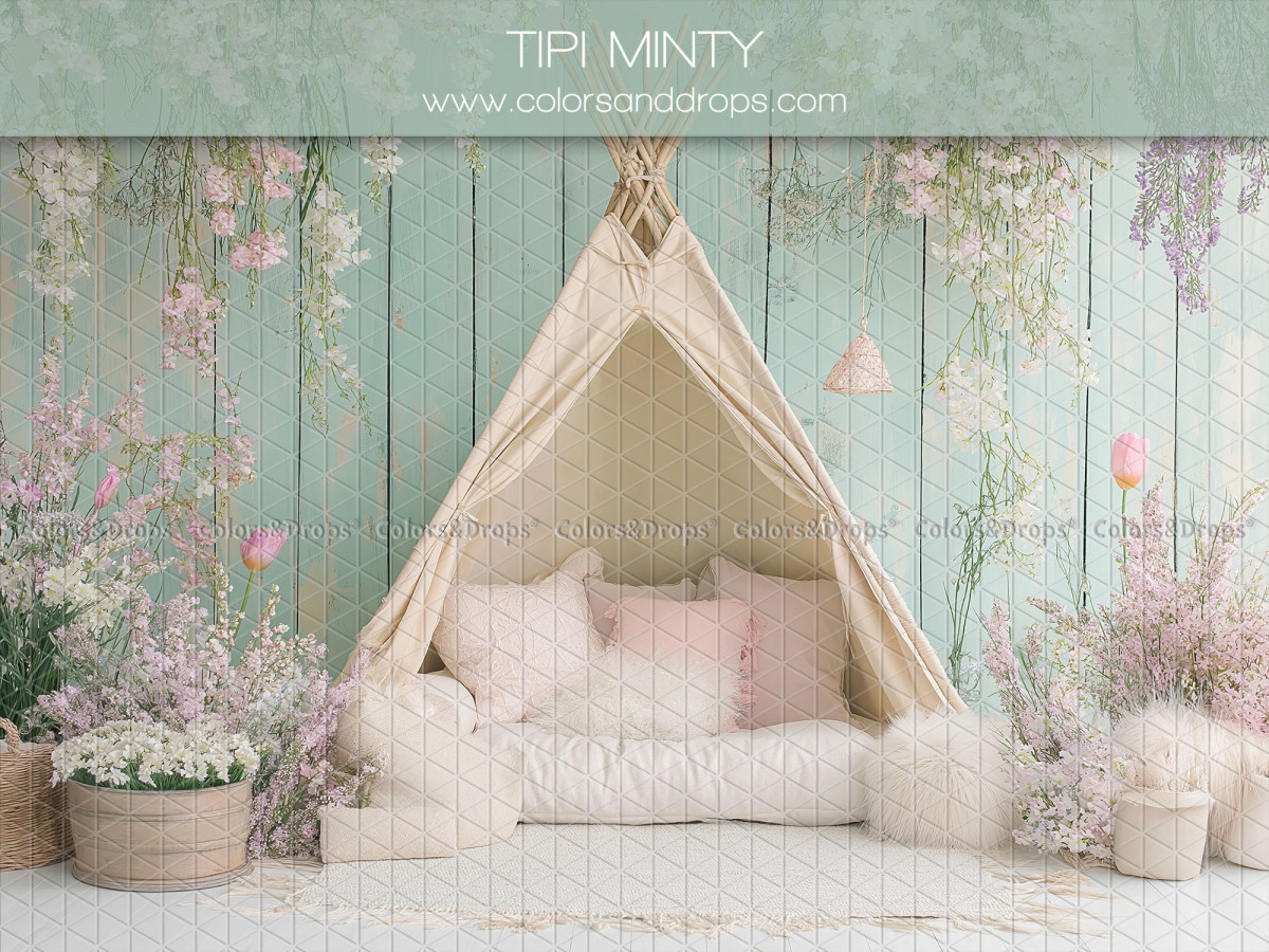 Floral photo backdrop Tipi Minty – cream teepee on mint wooden wall with flowers | Colors&Drops