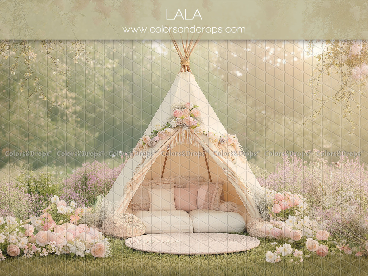 Floral photo backdrop Lala – white teepee in a flowered meadow | Colors&Drops