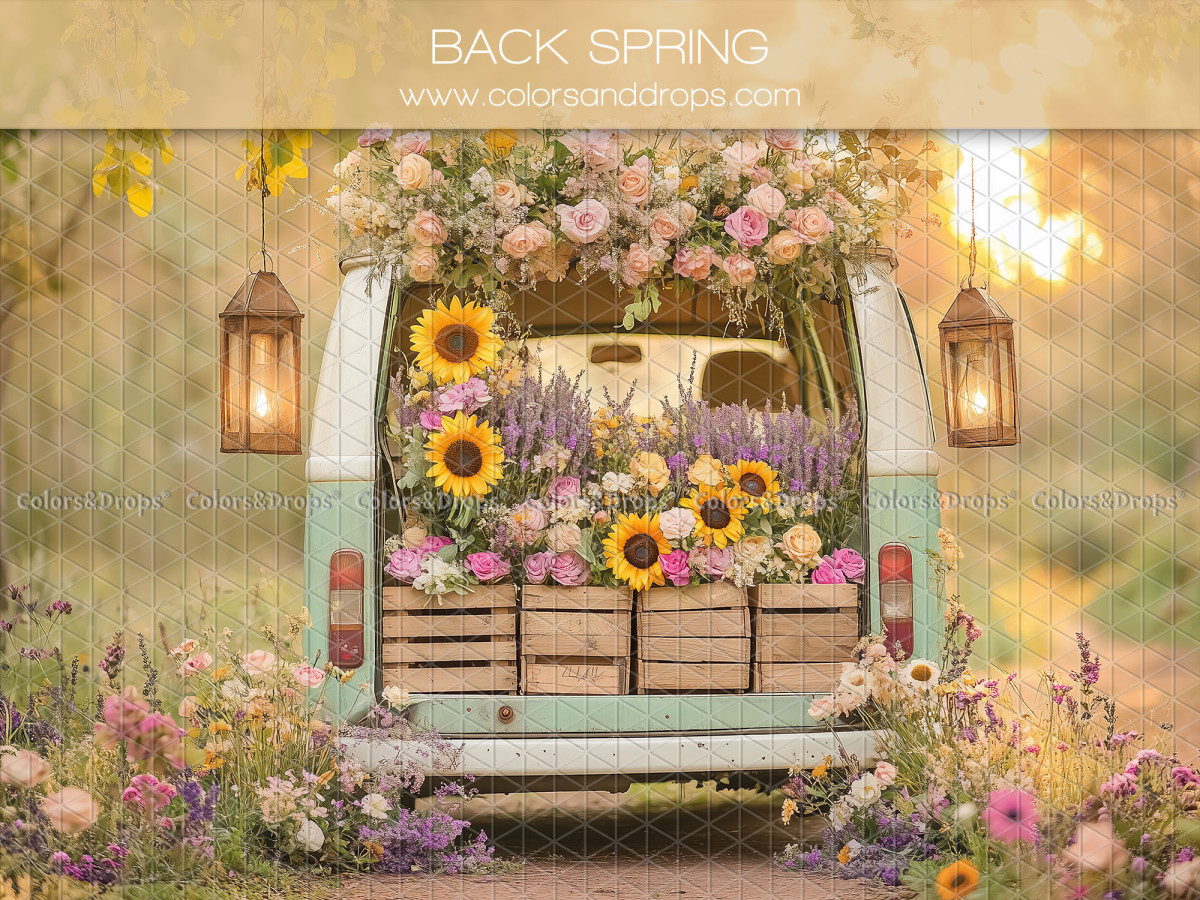 Floral photo backdrop Back Spring – vintage van loaded with sunflowers and flowers | Colors&Drops