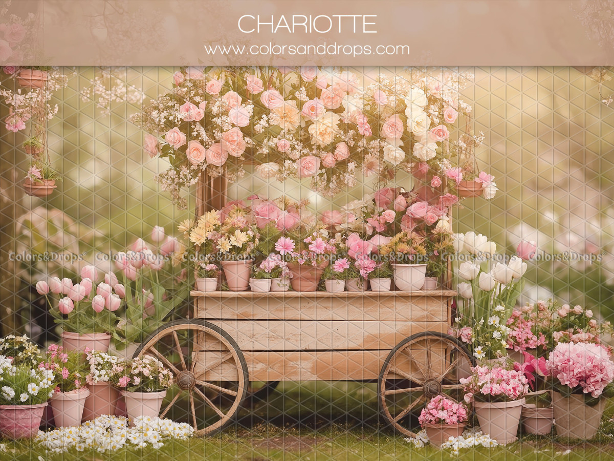 Fondo fotográfico floral Chariotte – carreta de madera desbordante de flores rosas | Colors&Drops