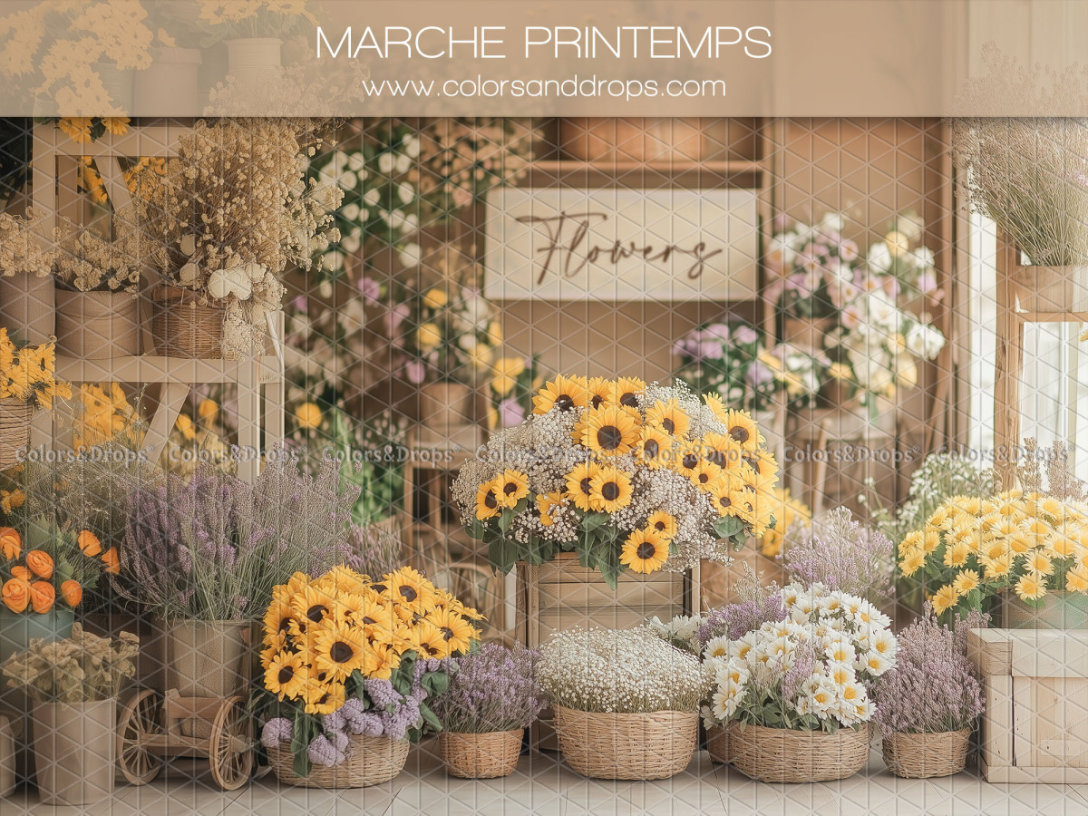Floral photo backdrop Marche Printemps – flower market with sunflowers and lavender | Colors&Drops