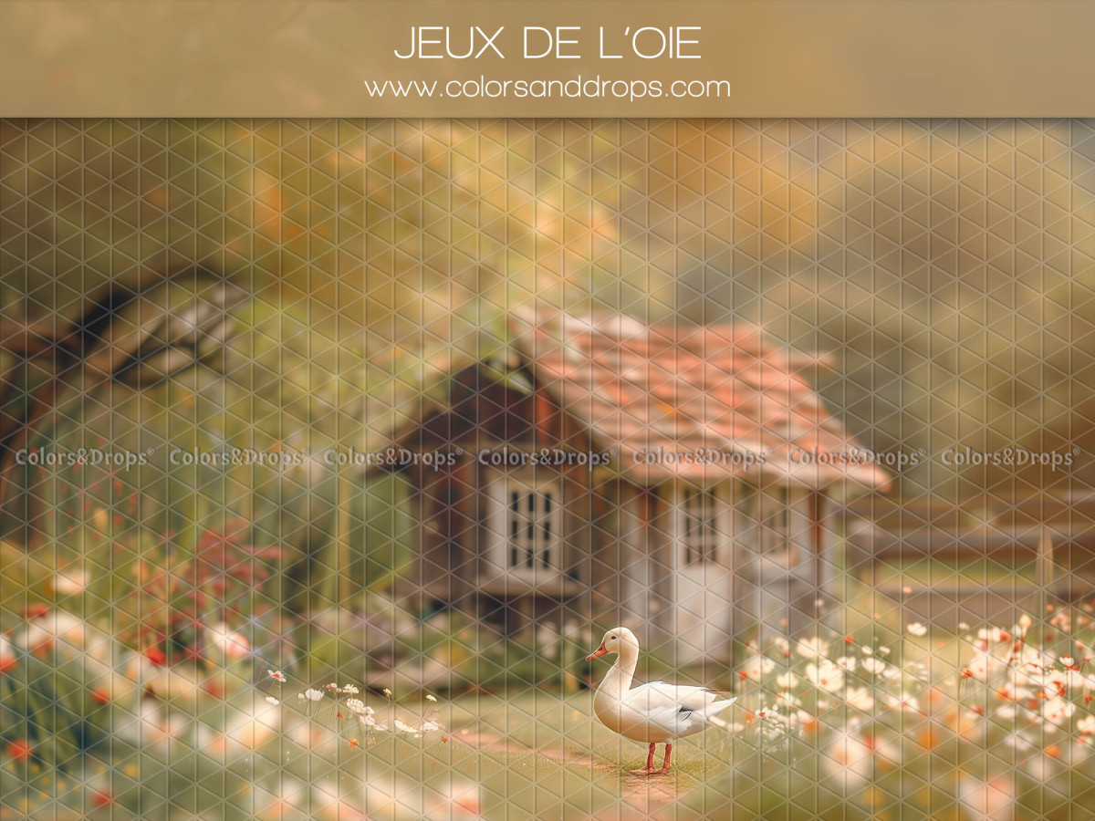Fond photo de printemps Jeux de L'Oie – cabane en bois dans un pré avec oie | Colors&Drops