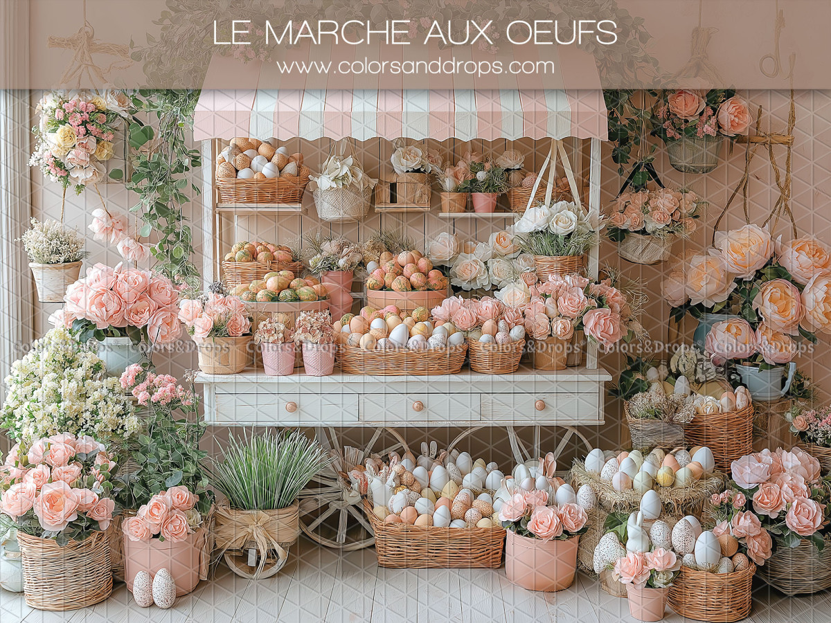 Fond photo bébé et smash cake Le Marche aux Oeufs – marché aux œufs de Pâques avec fleurs | Colors&Drops
