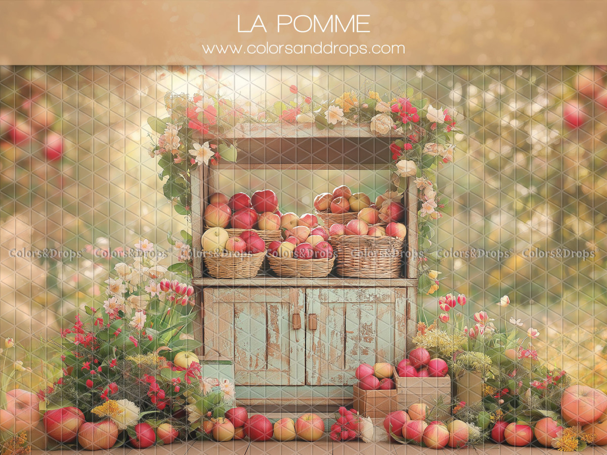 Fond photo bébé et smash cake La Pomme – étal de pommes en bois avec fleurs | Colors&Drops