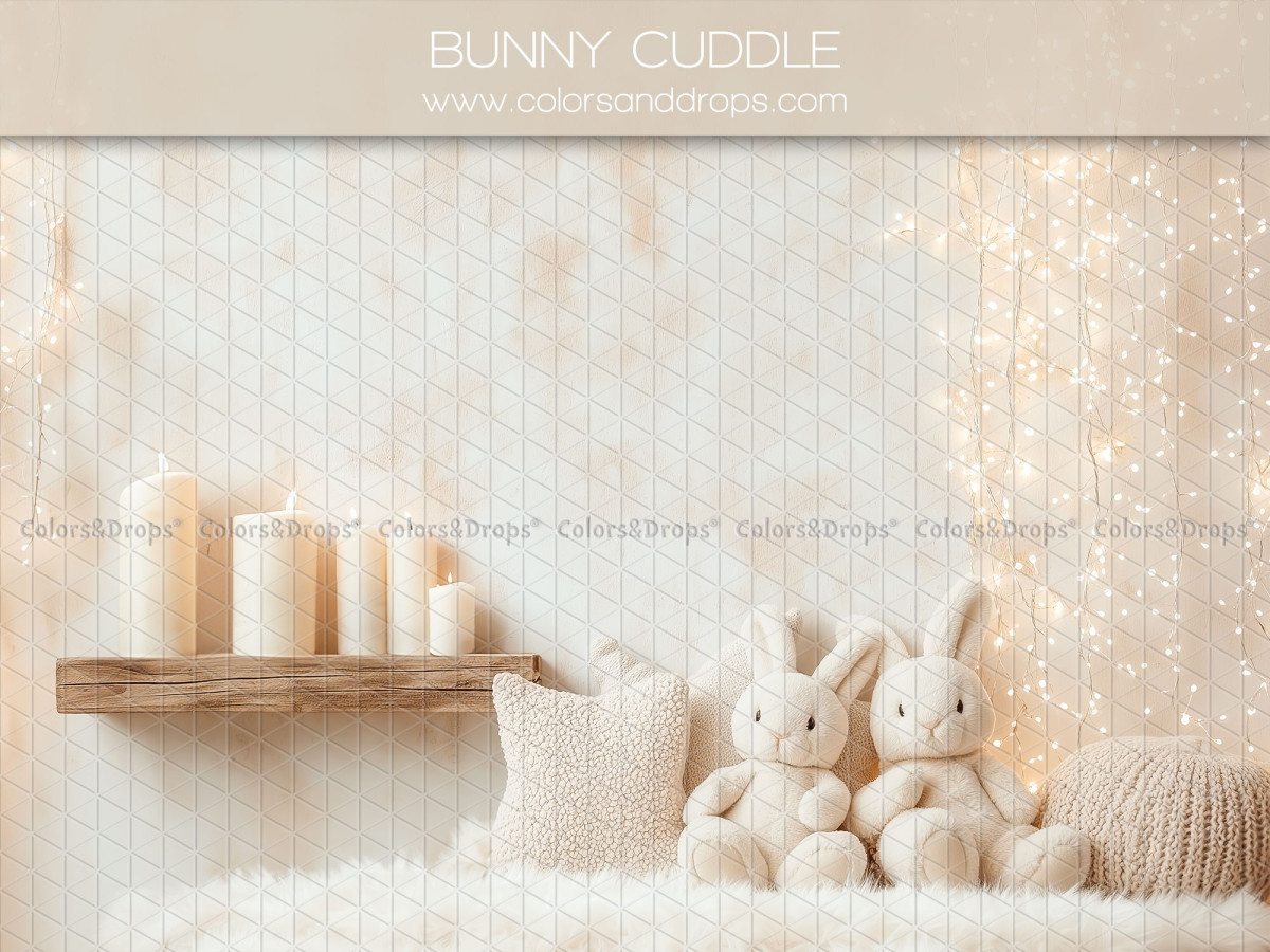 Fondo fotográfico de bebé y smash cake Bunny Cuddle – conejitos de peluche con velas en un estante | Colors&Drops