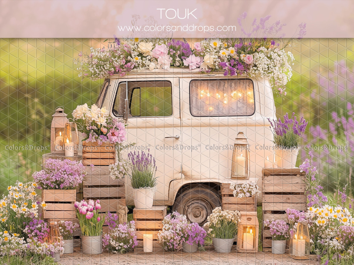 Baby & cake smash photo backdrop Touk – vintage van with lavender and lanterns | Colors&Drops