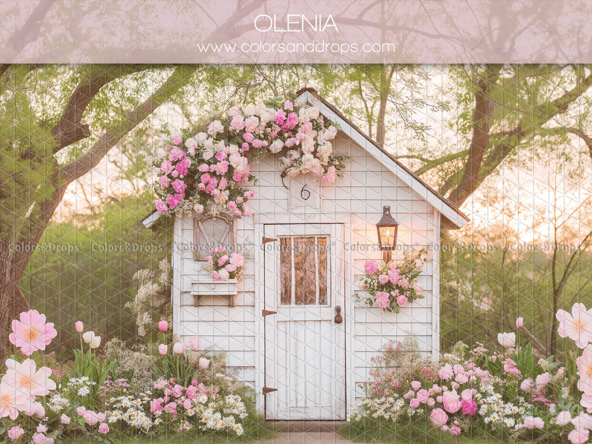 Fondo fotográfico de bebé y smash cake Olenia – caseta de jardín blanca con flores rosas | Colors&Drops