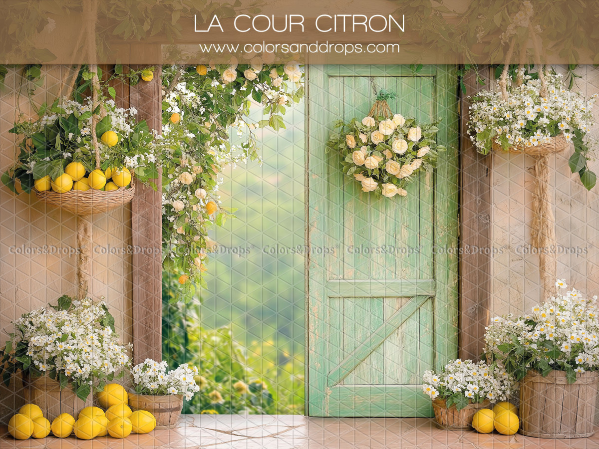 Baby & cake smash photo backdrop La Cour Citron – green door with lemons and flower wreath | Colors&Drops