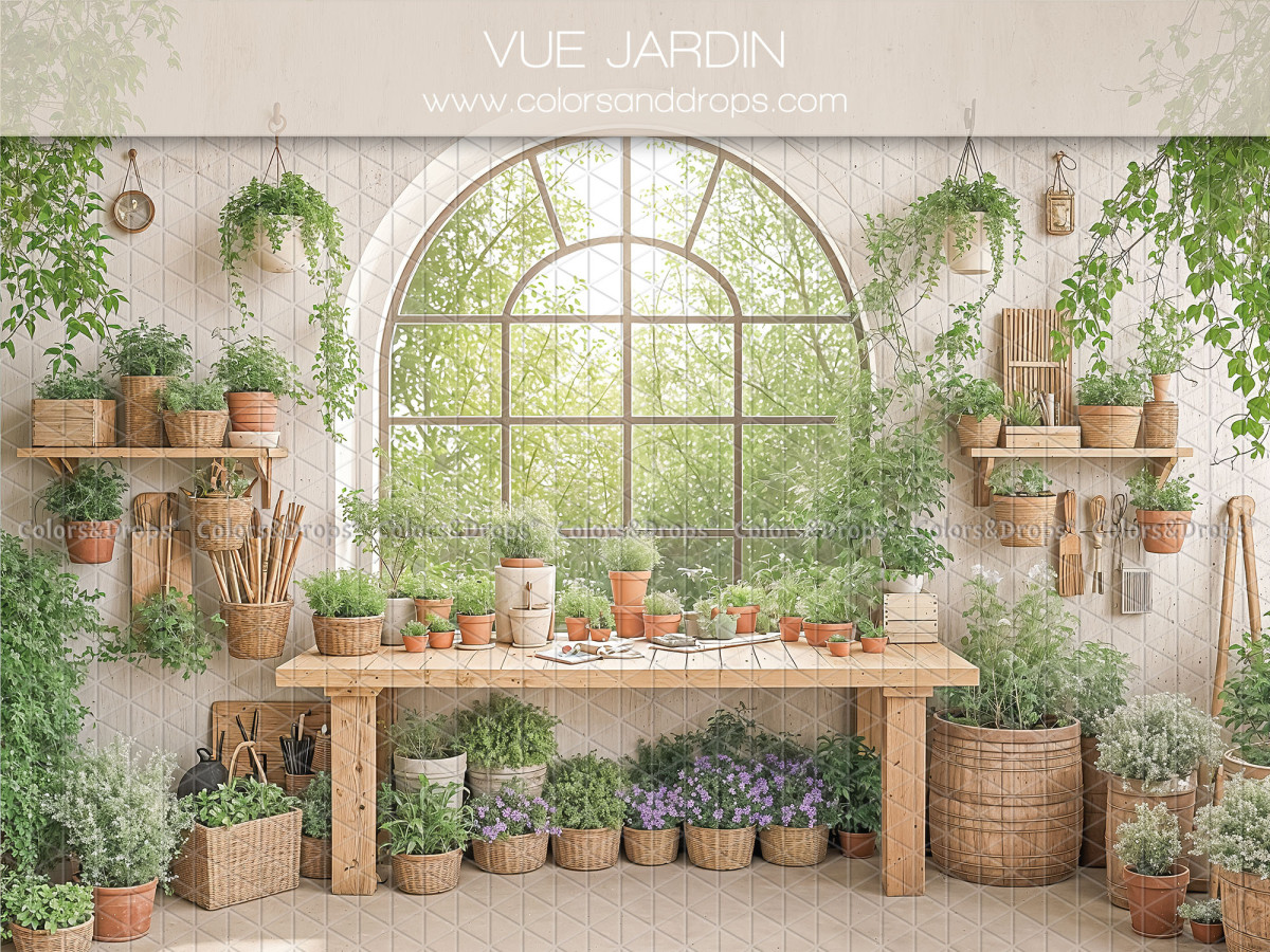 Fond photo bébé et smash cake Vue Jardin – serre avec fenêtre cintrée et pots de plantes | Colors&Drops