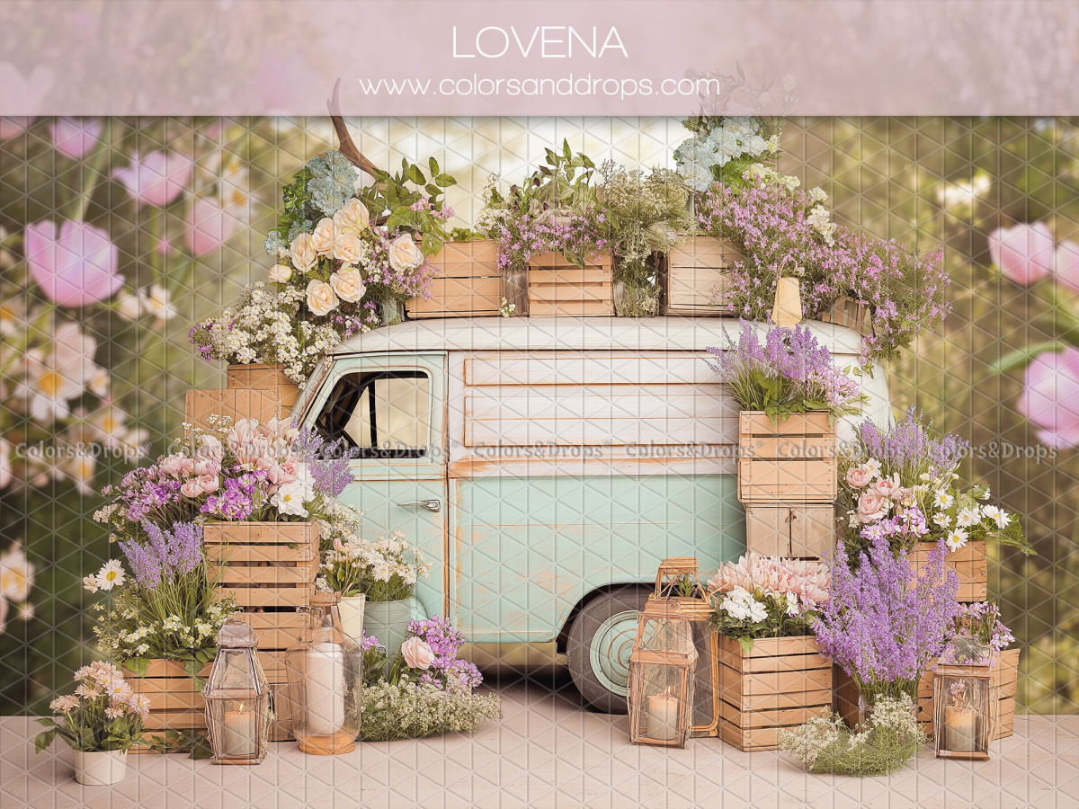 Baby & cake smash photo backdrop Lovena – blue vintage van with flower crates | Colors&Drops